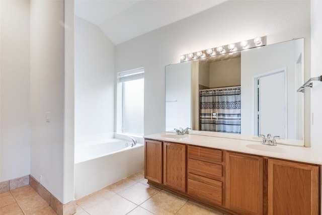 1809 N Holland Rd, Mansfield, TX 76063 - full bath with double vanity, tile patterned flooring, a garden tub, and vaulted ceiling