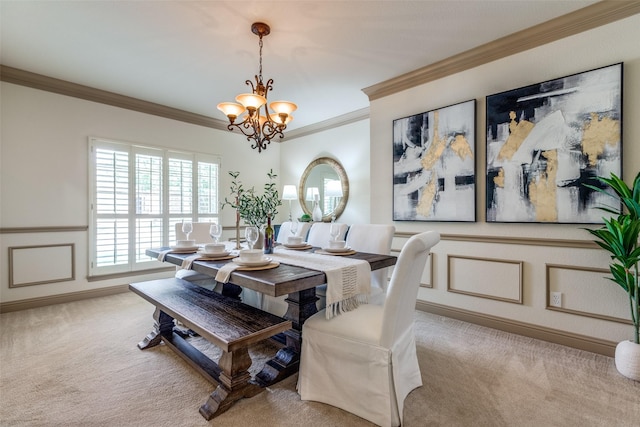 5701 Travis Dr, Frisco, TX 75034 - carpeted dining space with a chandelier, crown molding, wainscoting, and a decorative wall