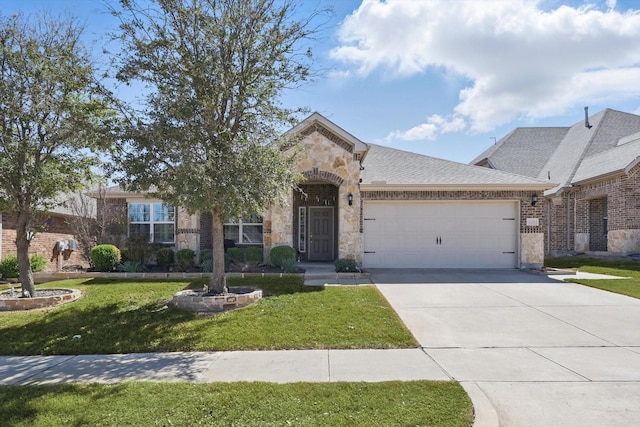 1129 Berrydale Dr, Northlake, TX 76226 - french country style house with an attached garage, a front yard, concrete driveway, and stone siding
