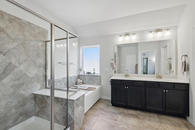 1129 Berrydale Dr, Northlake, TX 76226 - full bathroom with a garden tub, double vanity, a stall shower, and tile patterned flooring