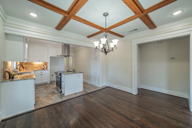 1504 E Rosedale St, Fort Worth, TX 76104 - kitchen featuring wall chimney range hood, coffered ceiling, stainless steel electric range oven, white cabinets, and wood finished floors