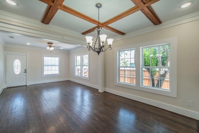 1504 E Rosedale St, Fort Worth, TX 76104 - empty room with coffered ceiling, a chandelier, dark wood-style floors, crown molding, and beam ceiling