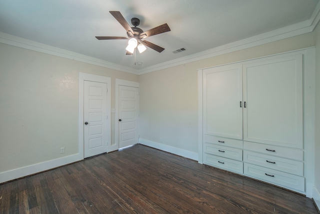 1504 E Rosedale St, Fort Worth, TX 76104 - unfurnished bedroom with dark wood-style flooring, ornamental molding, and a ceiling fan
