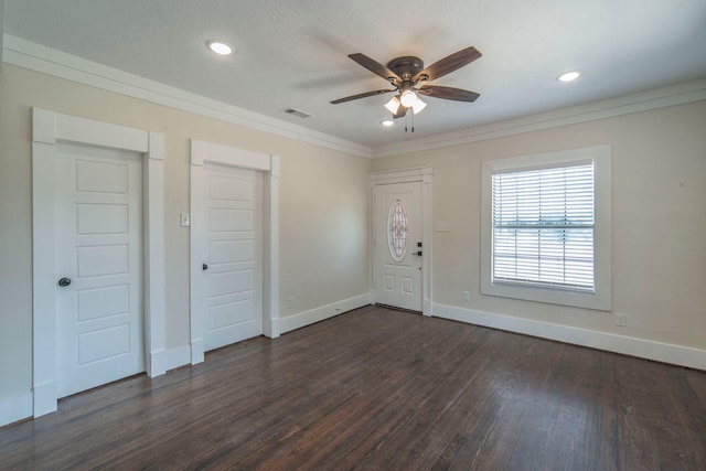 1504 E Rosedale St, Fort Worth, TX 76104 - entryway featuring dark wood-style flooring, a ceiling fan, ornamental molding, and recessed lighting