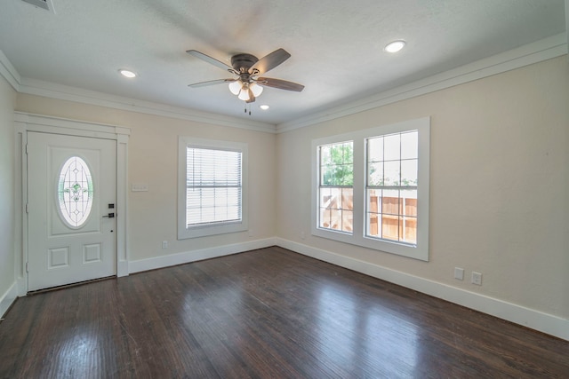 1504 E Rosedale St, Fort Worth, TX 76104 - foyer with a ceiling fan, ornamental molding, dark wood finished floors, and recessed lighting