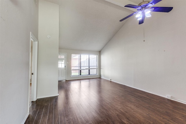 2314 Ember Lee Dr, Garland, TX 75040 - unfurnished living room featuring ceiling fan, wood finished floors, and high vaulted ceiling