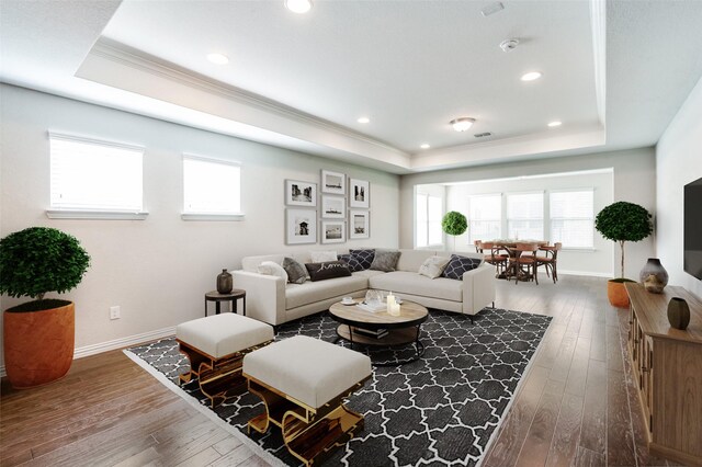 2111 Bentwater Ln, Frisco, TX 75036 - living area with a tray ceiling, plenty of natural light, hardwood / wood-style flooring, crown molding, and recessed lighting