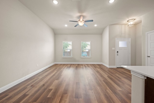 812 13th St, Plano, TX 75074 - unfurnished living room with recessed lighting, wood finished floors, and a ceiling fan