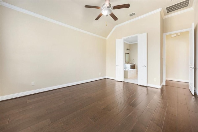 632 Fishback Cir, Plano, TX 75074 - unfurnished room with a ceiling fan, dark wood-style floors, vaulted ceiling, and crown molding