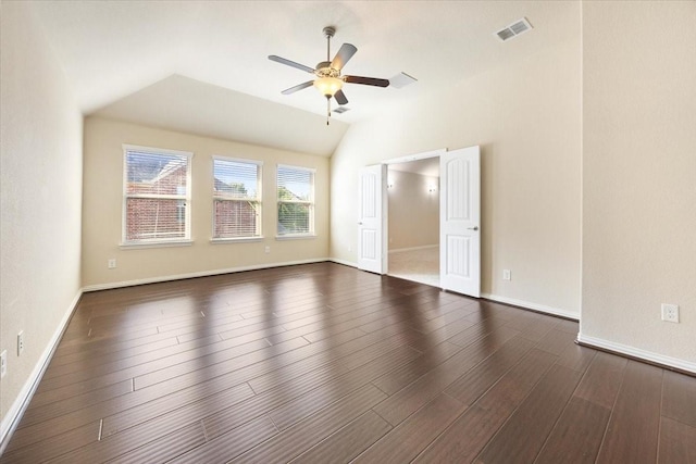 632 Fishback Cir, Plano, TX 75074 - unfurnished bedroom featuring dark wood-type flooring, lofted ceiling, and ceiling fan