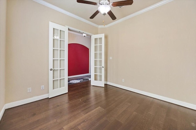 632 Fishback Cir, Plano, TX 75074 - empty room with french doors, wood finished floors, crown molding, and ceiling fan
