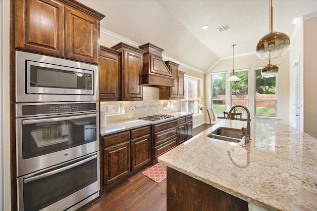 632 Fishback Cir, Plano, TX 75074 - kitchen featuring stainless steel appliances, dark wood-type flooring, light stone counters, vaulted ceiling, and tasteful backsplash