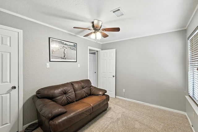1227 Eaton Ln, Grapevine, TX 76051 - sitting room featuring ceiling fan, crown molding, and carpet floors