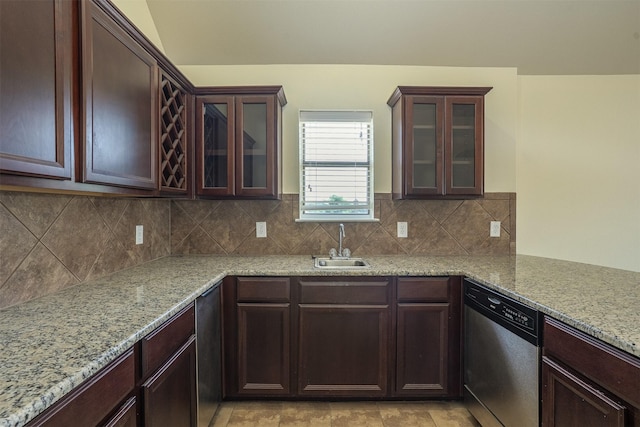 1220 Berkeley Dr, Burleson, TX 76028 - kitchen featuring dishwasher, light stone counters, tasteful backsplash, and dark brown cabinets
