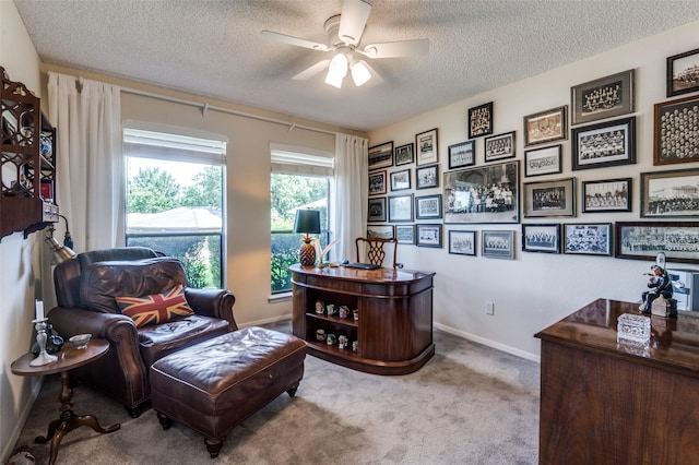 5205 Shady Springs Ct, Arlington, TX 76017 - home office featuring ceiling fan, a textured ceiling, and carpet floors