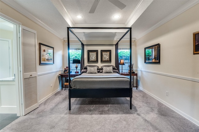5205 Shady Springs Ct, Arlington, TX 76017 - carpeted bedroom featuring crown molding, a textured ceiling, and a raised ceiling