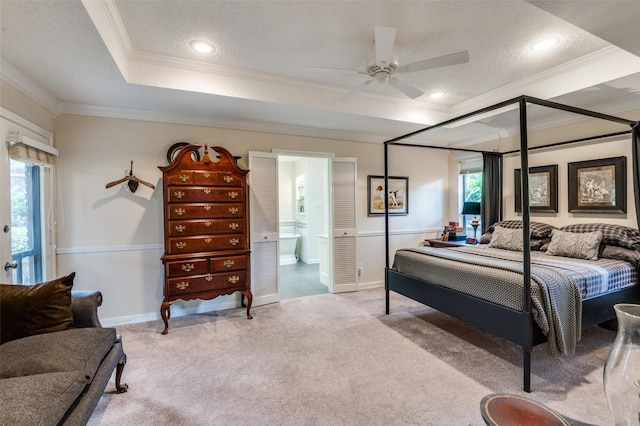 5205 Shady Springs Ct, Arlington, TX 76017 - carpeted bedroom with crown molding, recessed lighting, and a tray ceiling