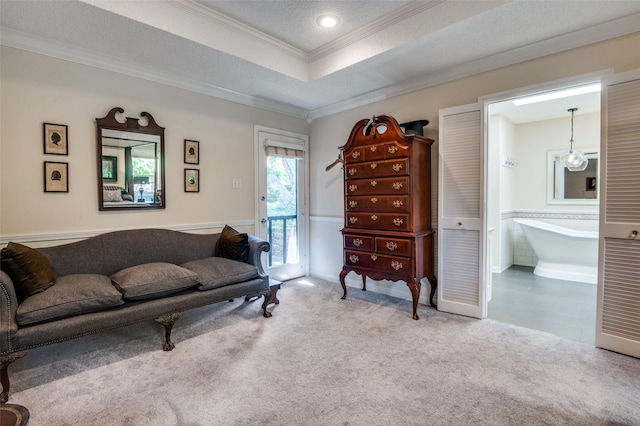 5205 Shady Springs Ct, Arlington, TX 76017 - living area with crown molding, a raised ceiling, carpet floors, a textured ceiling, and recessed lighting