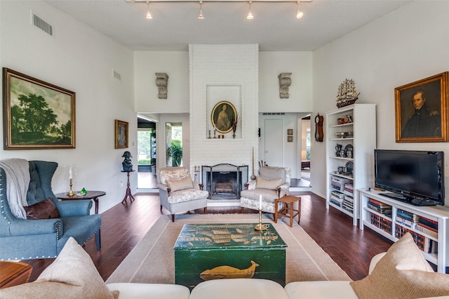 5205 Shady Springs Ct, Arlington, TX 76017 - living room featuring a towering ceiling, wood finished floors, track lighting, and a fireplace