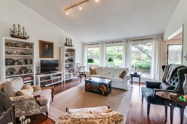 5205 Shady Springs Ct, Arlington, TX 76017 - living area with a textured ceiling, vaulted ceiling, hardwood / wood-style flooring, and track lighting