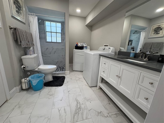 5818 E University Blvd Unit 236, Dallas, TX 75206 - full bath featuring marble look tile flooring, separate washer and dryer, tiled shower, vanity, and recessed lighting