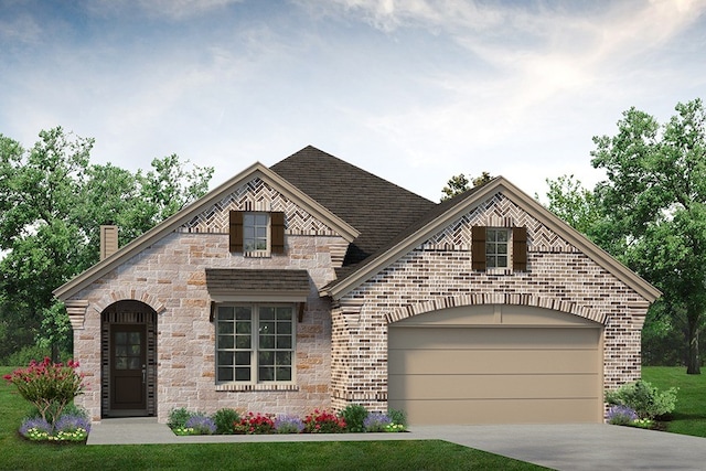 2017 Kelva Dr, Haslet, TX 76052 - french country home featuring concrete driveway, stone siding, a chimney, an attached garage, and brick siding