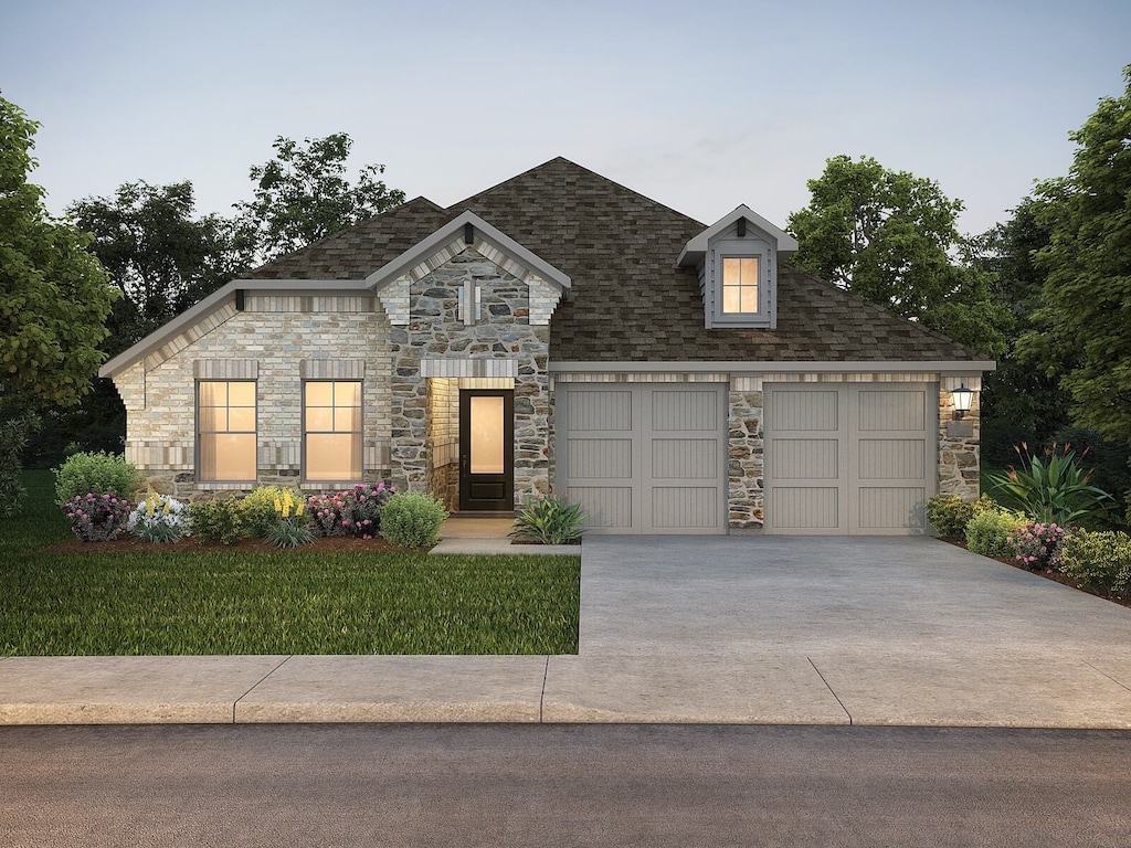 513 Stagg St, Mckinney, TX 75069 - french provincial home featuring stone siding, driveway, a front lawn, roof with shingles, and an attached garage