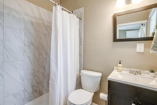 4913 Rutland Ave, Fort Worth, TX 76133 - bathroom with vanity, curtained shower, and a textured wall