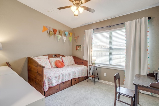 4913 Rutland Ave, Fort Worth, TX 76133 - carpeted bedroom with multiple windows, lofted ceiling, and ceiling fan