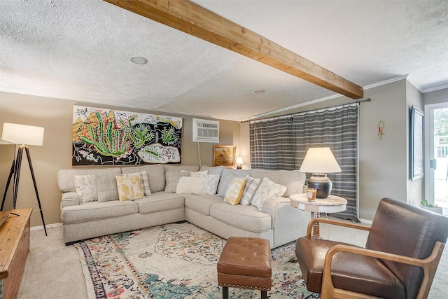 4913 Rutland Ave, Fort Worth, TX 76133 - living area with a textured ceiling, carpet floors, ornamental molding, a wall mounted AC, and beamed ceiling