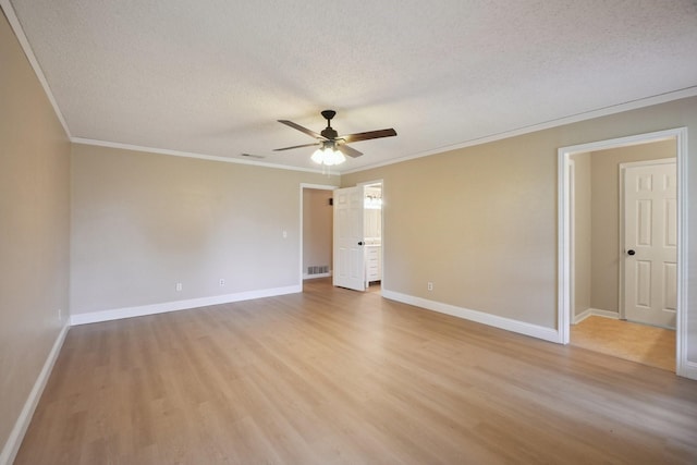 2709 S Hillbrier Cir, Plano, TX 75075 - empty room featuring a textured ceiling, light wood-style flooring, crown molding, and a ceiling fan