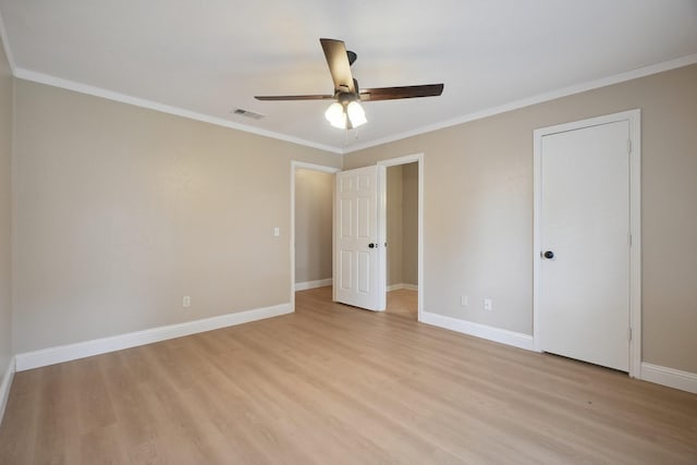 2709 S Hillbrier Cir, Plano, TX 75075 - unfurnished bedroom with light wood-style flooring, ornamental molding, and ceiling fan