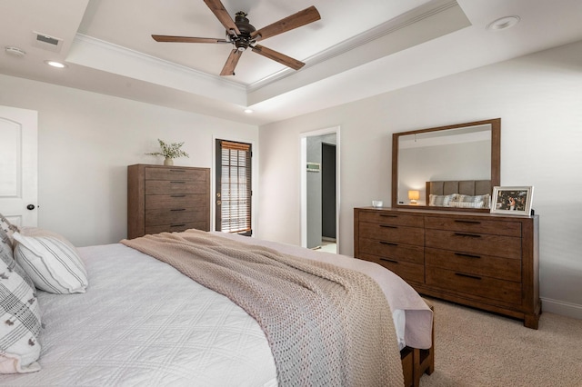 143 Shady Woods Ln, Denison, TX 75021 - bedroom featuring crown molding, a raised ceiling, recessed lighting, a ceiling fan, and light colored carpet