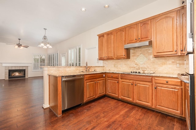 2248 Amy Ln, Plano, TX 75074 - kitchen with stainless steel dishwasher, under cabinet range hood, black electric stovetop, a peninsula, and decorative backsplash