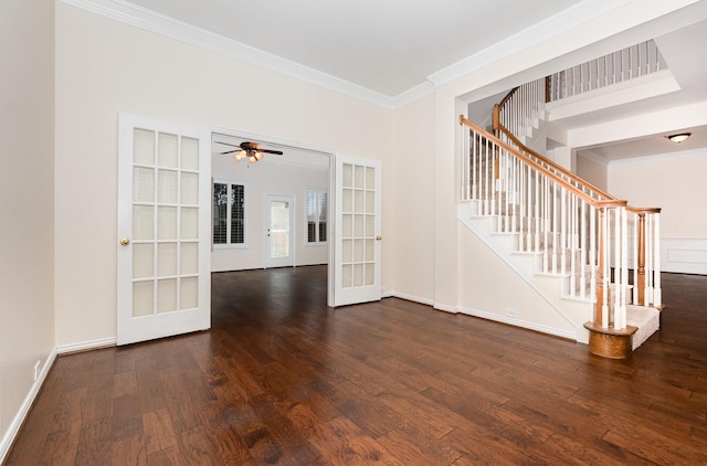 2248 Amy Ln, Plano, TX 75074 - spare room with french doors, wood finished floors, ornamental molding, ceiling fan, and stairway
