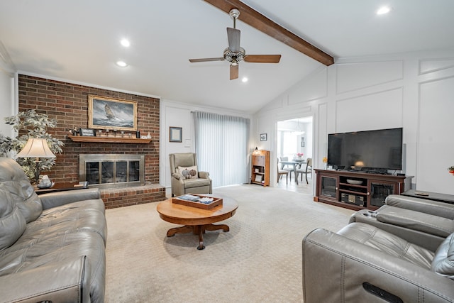 325 Los Santos Dr, Garland, TX 75043 - living room featuring a ceiling fan, carpet flooring, a fireplace, recessed lighting, and a decorative wall