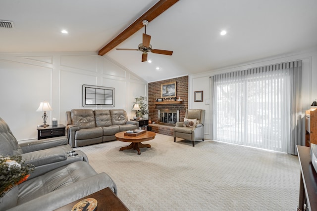 325 Los Santos Dr, Garland, TX 75043 - carpeted living room featuring ceiling fan and a brick fireplace