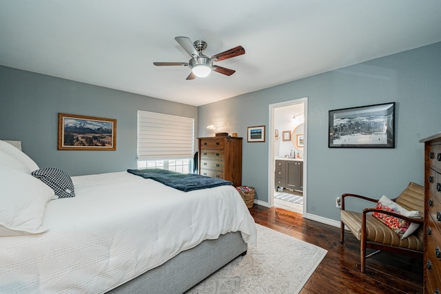 325 Los Santos Dr, Garland, TX 75043 - bedroom featuring dark wood-style flooring, ensuite bath, and ceiling fan