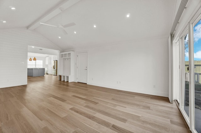 301 E Wall St, Grapevine, TX 76051 - unfurnished living room featuring ceiling fan, healthy amount of natural light, beam ceiling, light wood-style floors, and high vaulted ceiling