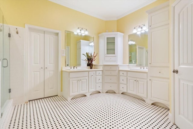 1313 Windstone Dr, Waco, TX 76712 - bathroom with a stall shower, vanity, and crown molding