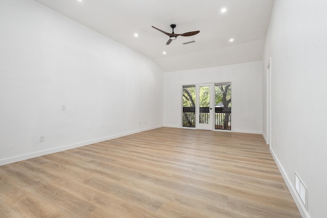 4942 Thunder Rd, Dallas, TX 75244 - empty room featuring recessed lighting, a ceiling fan, vaulted ceiling, light wood-style flooring, and french doors