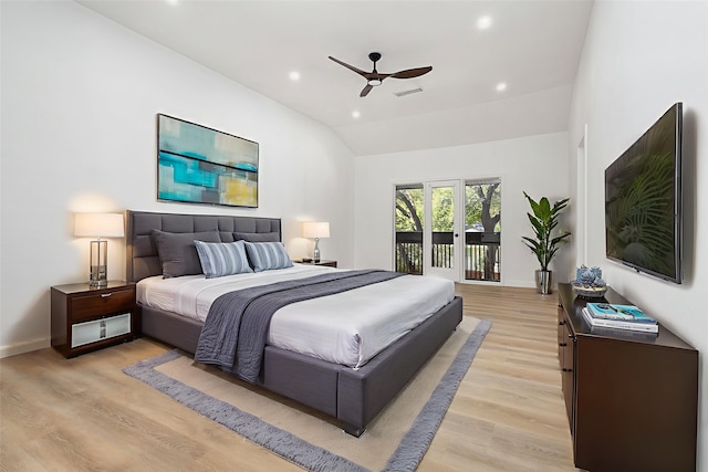 4942 Thunder Rd, Dallas, TX 75244 - bedroom with access to exterior, recessed lighting, vaulted ceiling, light wood-style floors, and ceiling fan
