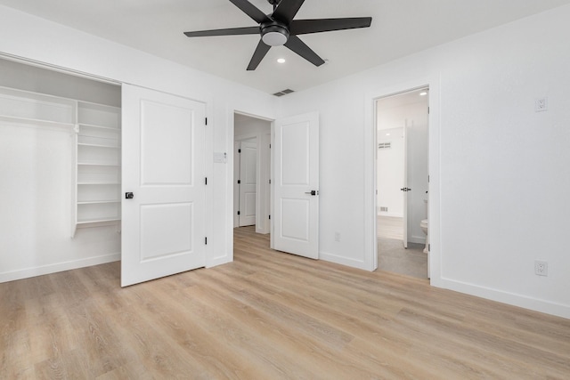 4942 Thunder Rd, Dallas, TX 75244 - unfurnished bedroom featuring light wood-style flooring, a closet, ensuite bathroom, recessed lighting, and a ceiling fan