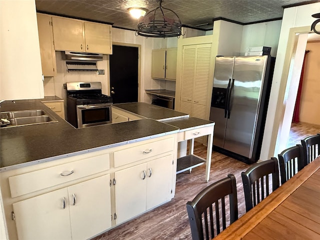 2015 E 5th St, Tyler, TX 75701 - kitchen featuring stainless steel appliances, an ornate ceiling, under cabinet range hood, dark wood-style flooring, and a peninsula