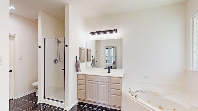 6218 Aspen Estates Dr, Sachse, TX 75048 - full bath featuring a shower stall, vanity, a whirlpool tub, tile patterned floors, and healthy amount of natural light