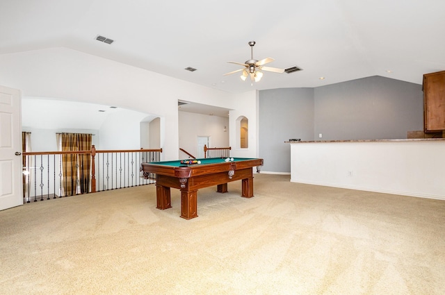 2742 Hidden Knoll Trl, Frisco, TX 75034 - rec room with lofted ceiling, ceiling fan, light colored carpet, billiards, and arched walkways