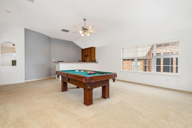 2742 Hidden Knoll Trl, Frisco, TX 75034 - rec room with light colored carpet, vaulted ceiling, a ceiling fan, and billiards