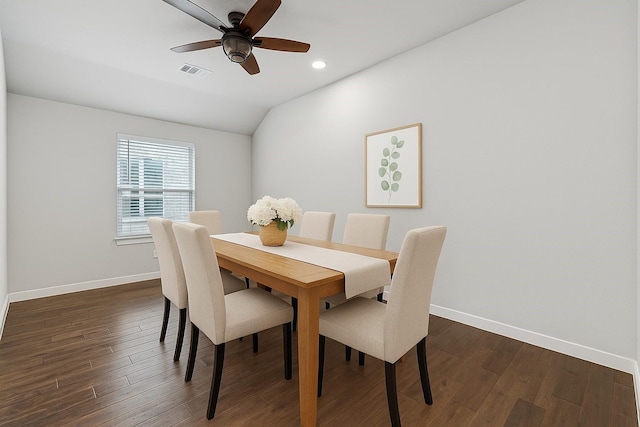 1813 Drover Creek Rd, Aubrey, TX 76227 - dining space with dark wood-style floors, recessed lighting, ceiling fan, and vaulted ceiling
