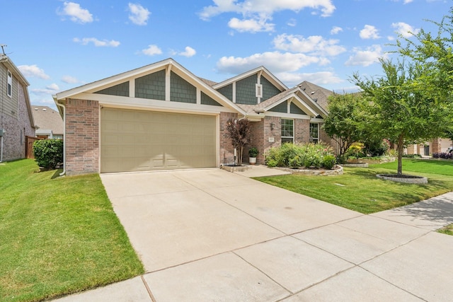 1813 Drover Creek Rd, Aubrey, TX 76227 - craftsman house with a garage, driveway, a front yard, and brick siding
