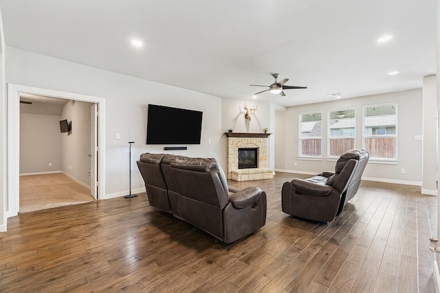 1813 Drover Creek Rd, Aubrey, TX 76227 - living room featuring a ceiling fan, dark wood finished floors, a fireplace, and recessed lighting